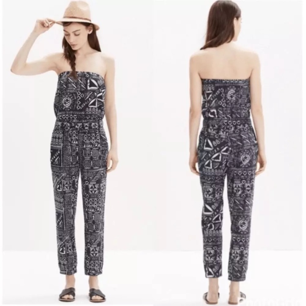 Madewell Kingston strapless 100% cotton Cover-Up Jumpsuit in Inkspell romper,‎ S